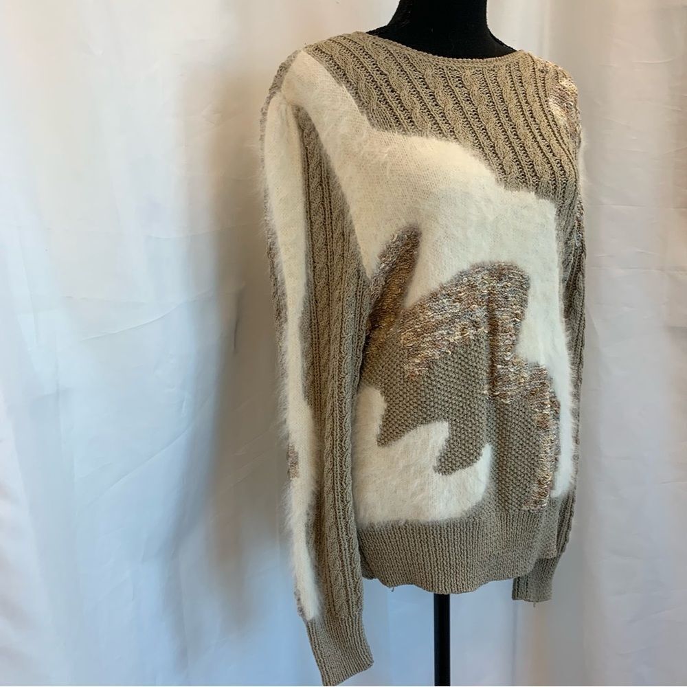 LARA Ferrante Vintage rabbit fur taupe cream multi textured long sleeve sweater - Picture 2 of 9